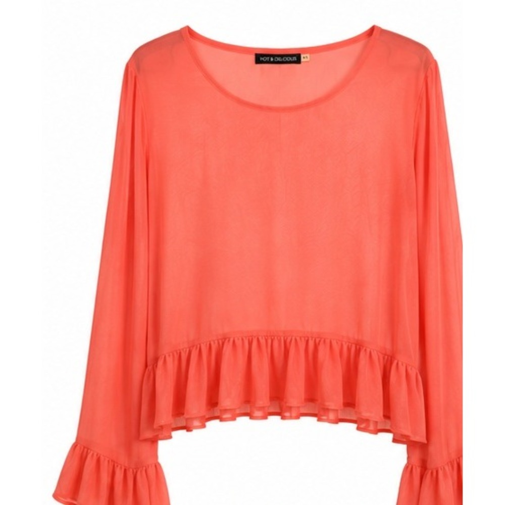 Hot & Delicious Coral Pink Ruffle Hem Long Sleeve Blouse HT2140 Womens L